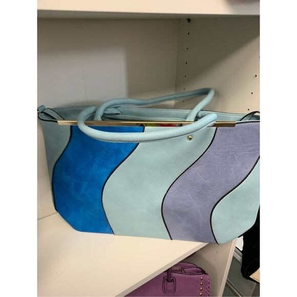 Blue Shades Striped Vegan Handbag - Picture 1 of 9